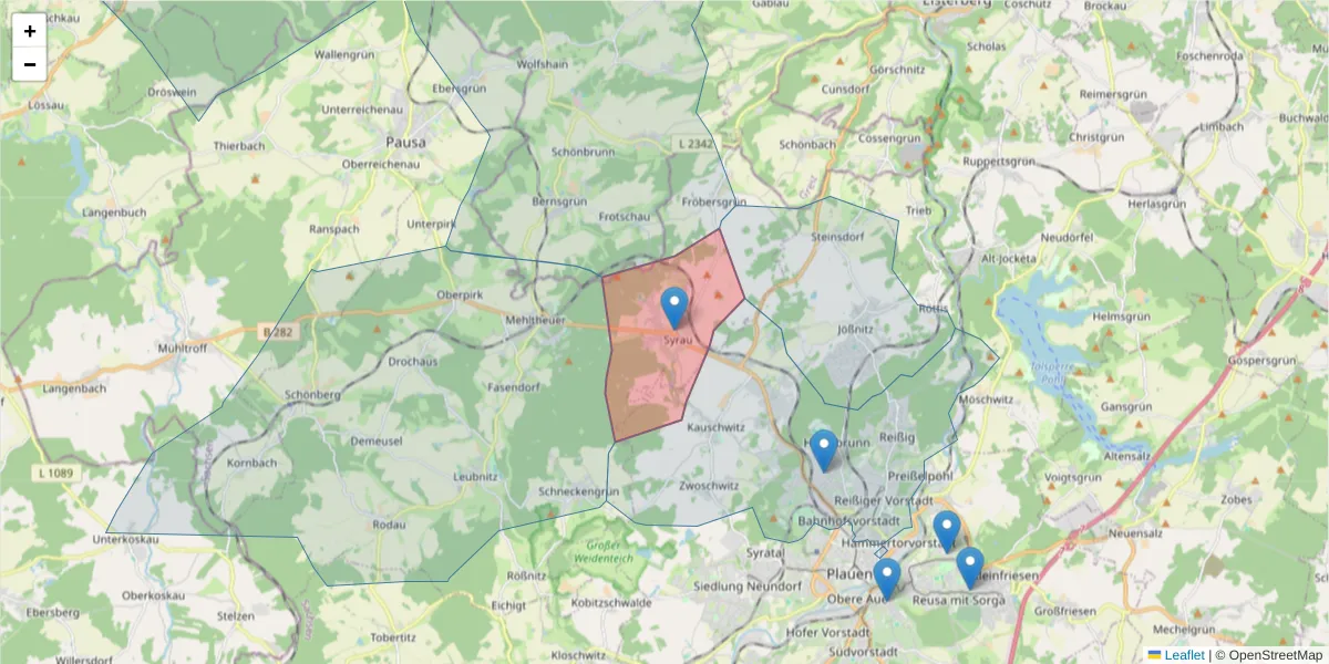 Karte des Postleitzahlen Bereichs  und der umliegenden Postleitzahlen in Deutschland