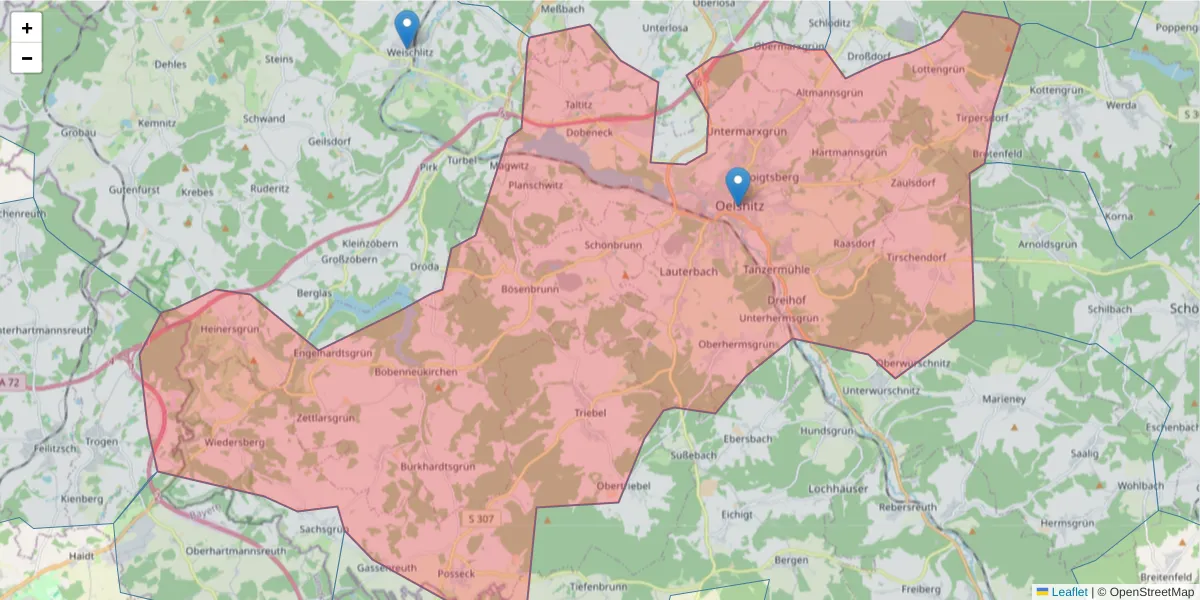 Karte des Postleitzahlen Bereichs  und der umliegenden Postleitzahlen in Deutschland