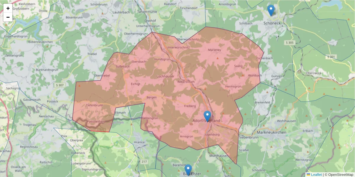 Karte des Postleitzahlen Bereichs  und der umliegenden Postleitzahlen in Deutschland