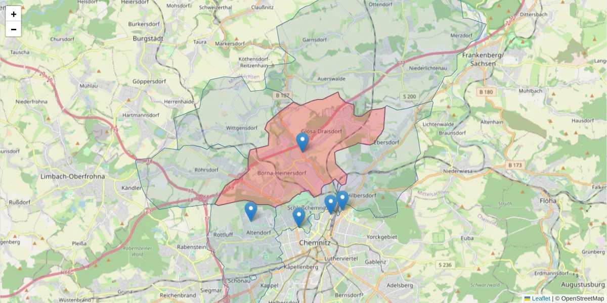 Karte des Postleitzahlen Bereichs  und der umliegenden Postleitzahlen in Deutschland