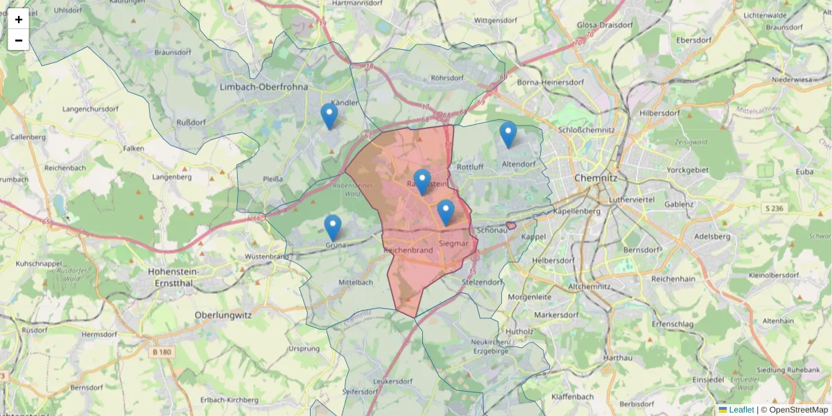 Karte des Postleitzahlen Bereichs  und der umliegenden Postleitzahlen in Deutschland