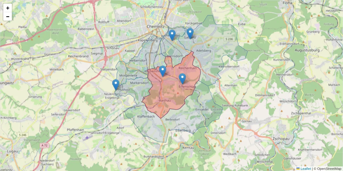 Karte des Postleitzahlen Bereichs  und der umliegenden Postleitzahlen in Deutschland