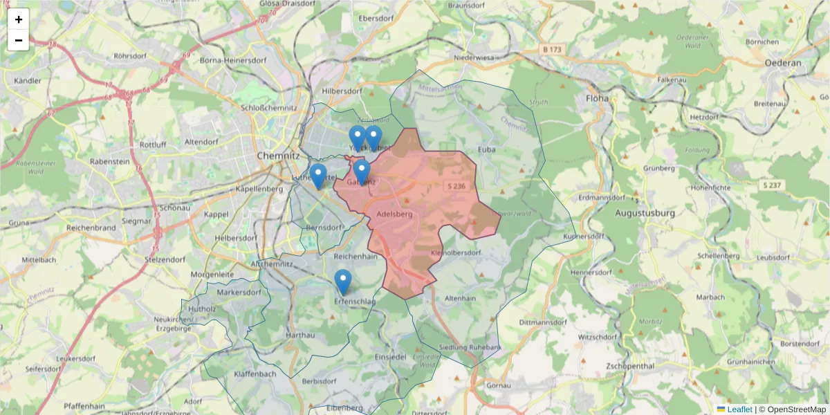 Karte des Postleitzahlen Bereichs  und der umliegenden Postleitzahlen in Deutschland
