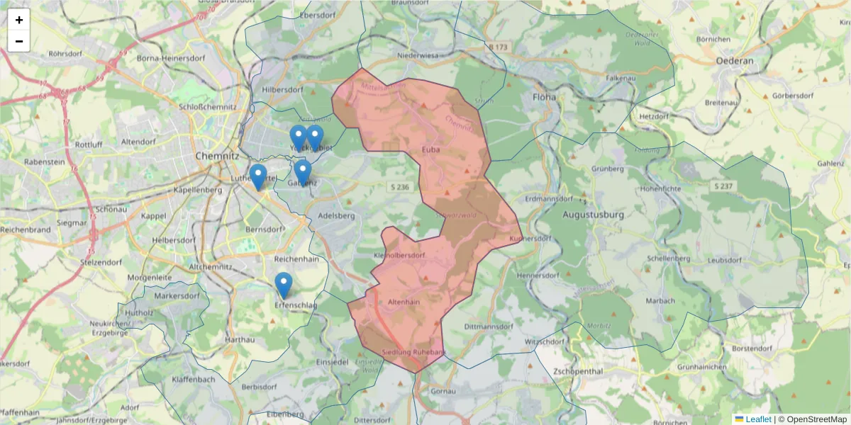 Karte des Postleitzahlen Bereichs  und der umliegenden Postleitzahlen in Deutschland