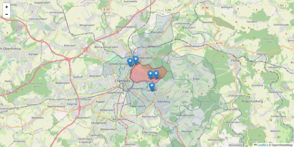 Karte des Postleitzahlen Bereichs  und der umliegenden Postleitzahlen in Deutschland