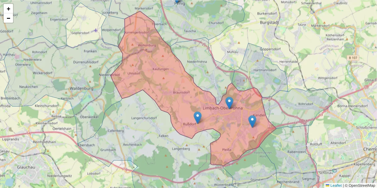 Karte des Postleitzahlen Bereichs  und der umliegenden Postleitzahlen in Deutschland