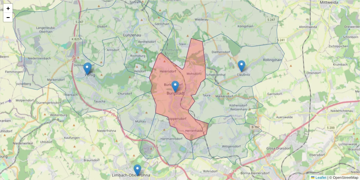 Karte des Postleitzahlen Bereichs  und der umliegenden Postleitzahlen in Deutschland