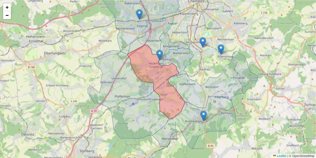 Karte des Postleitzahlen Bereichs  und der umliegenden Postleitzahlen in Deutschland