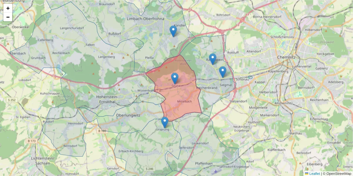 Karte des Postleitzahlen Bereichs  und der umliegenden Postleitzahlen in Deutschland