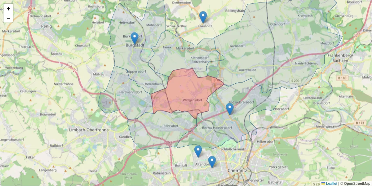 Karte des Postleitzahlen Bereichs  und der umliegenden Postleitzahlen in Deutschland