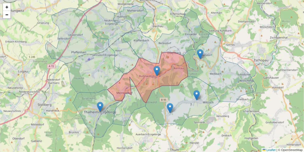 Karte des Postleitzahlen Bereichs  und der umliegenden Postleitzahlen in Deutschland