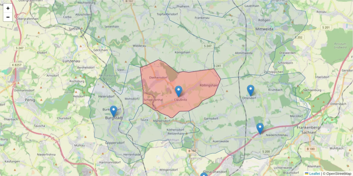 Karte des Postleitzahlen Bereichs  und der umliegenden Postleitzahlen in Deutschland