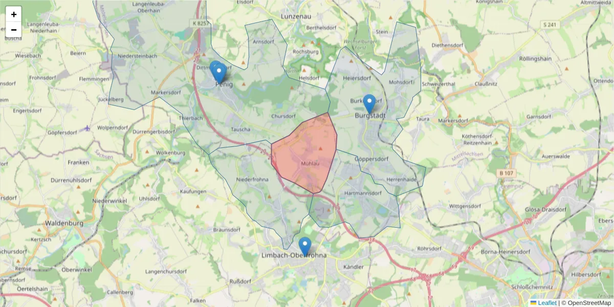 Karte des Postleitzahlen Bereichs  und der umliegenden Postleitzahlen in Deutschland