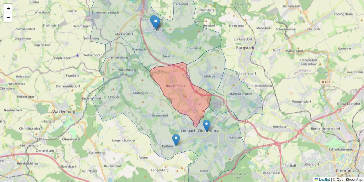 Karte des Postleitzahlen Bereichs  und der umliegenden Postleitzahlen in Deutschland