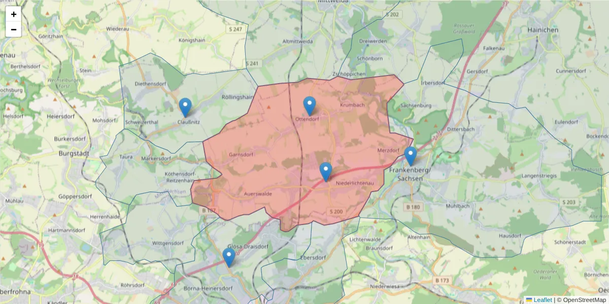 Karte des Postleitzahlen Bereichs  und der umliegenden Postleitzahlen in Deutschland