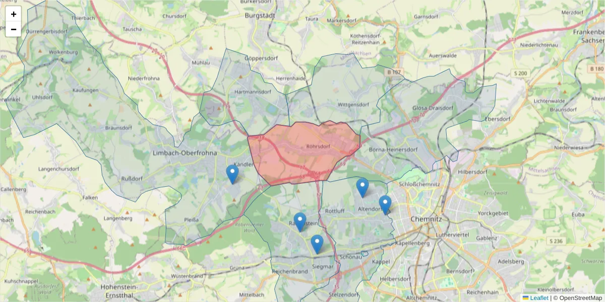 Karte des Postleitzahlen Bereichs  und der umliegenden Postleitzahlen in Deutschland