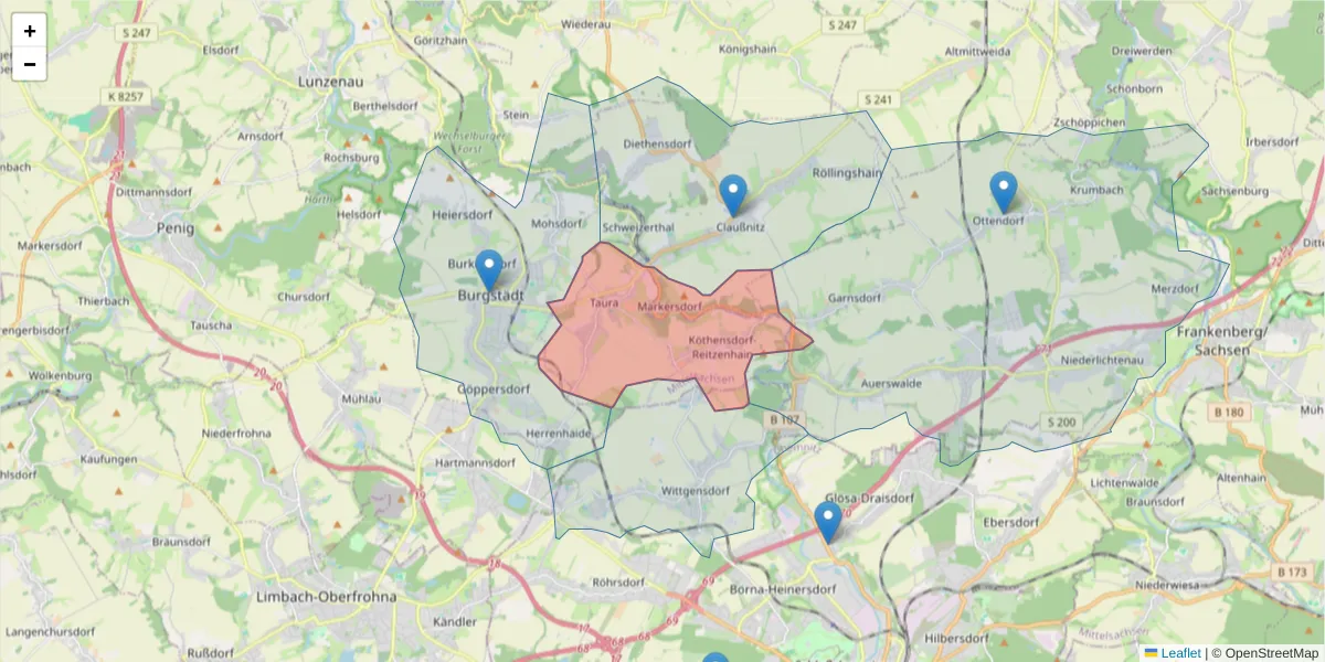 Karte des Postleitzahlen Bereichs  und der umliegenden Postleitzahlen in Deutschland