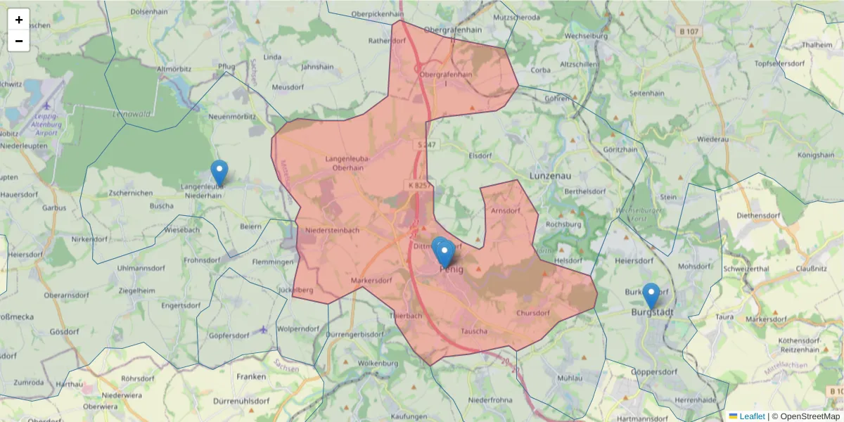 Karte des Postleitzahlen Bereichs  und der umliegenden Postleitzahlen in Deutschland