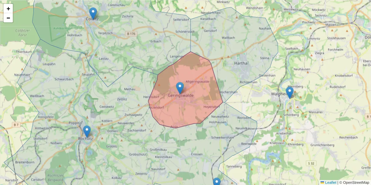 Karte des Postleitzahlen Bereichs  und der umliegenden Postleitzahlen in Deutschland