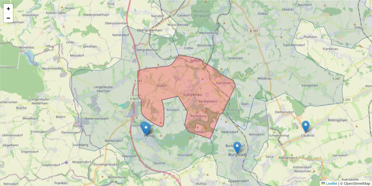 Karte des Postleitzahlen Bereichs  und der umliegenden Postleitzahlen in Deutschland