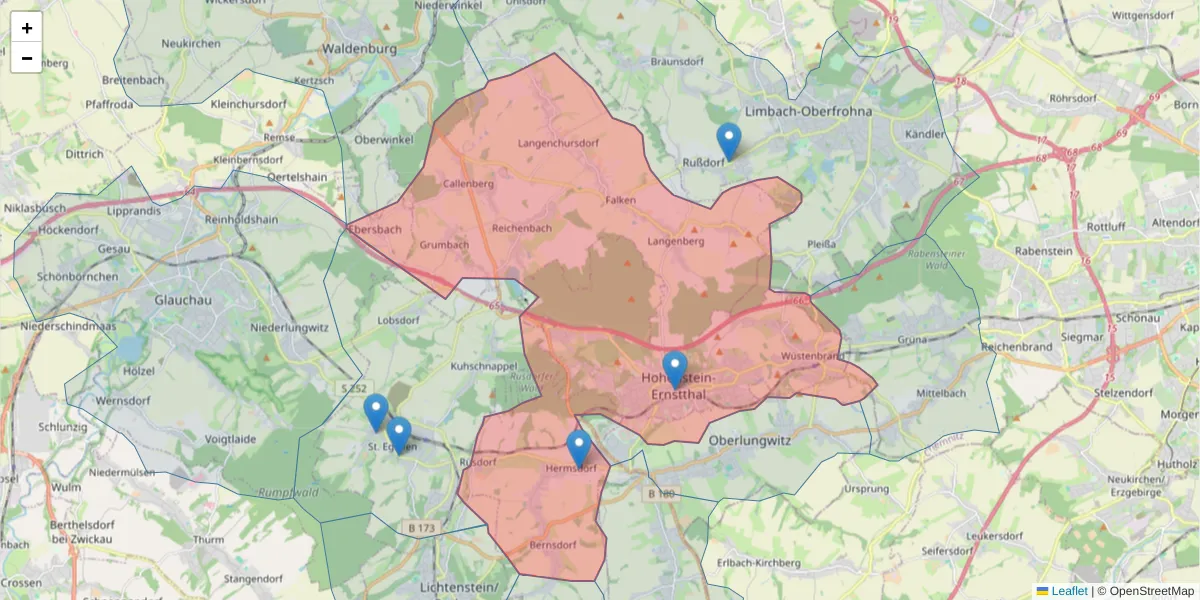 Karte des Postleitzahlen Bereichs  und der umliegenden Postleitzahlen in Deutschland