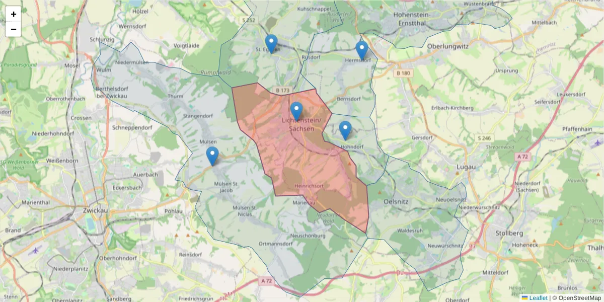 Karte des Postleitzahlen Bereichs  und der umliegenden Postleitzahlen in Deutschland