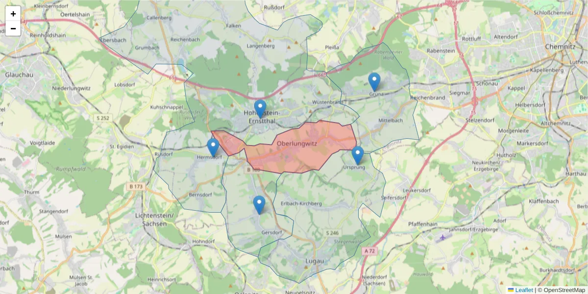 Karte des Postleitzahlen Bereichs  und der umliegenden Postleitzahlen in Deutschland
