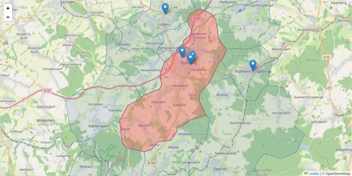Karte des Postleitzahlen Bereichs  und der umliegenden Postleitzahlen in Deutschland