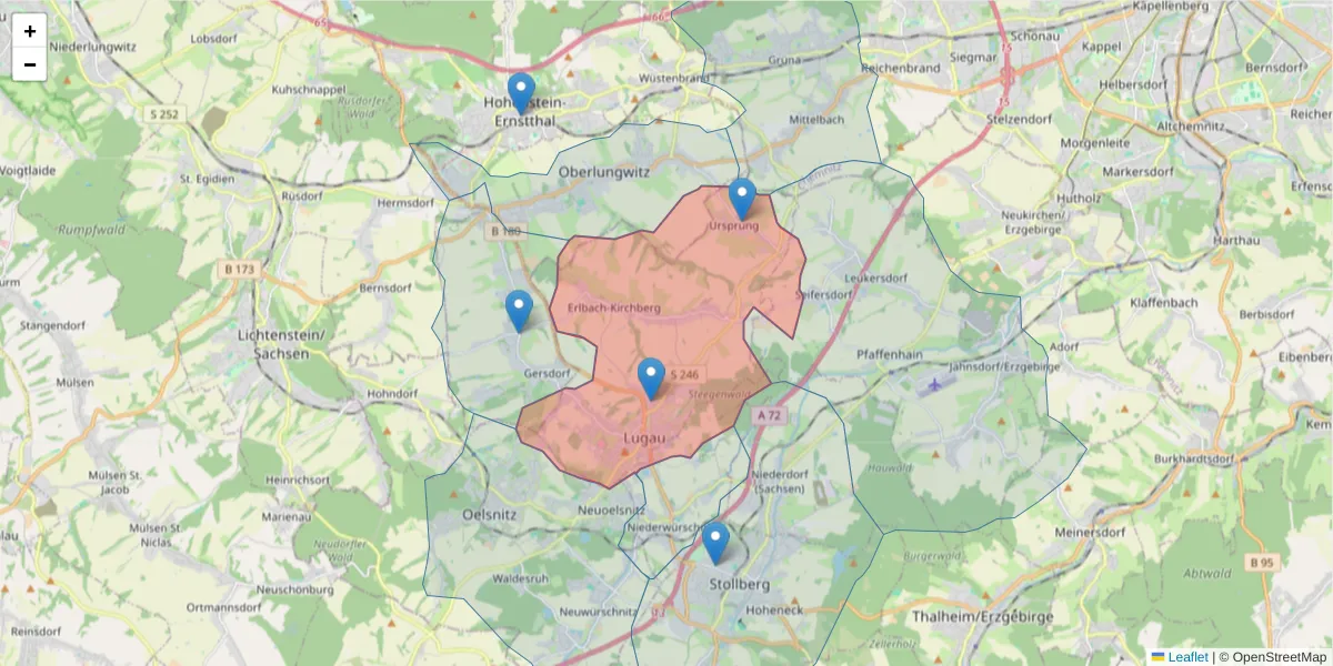 Karte des Postleitzahlen Bereichs  und der umliegenden Postleitzahlen in Deutschland