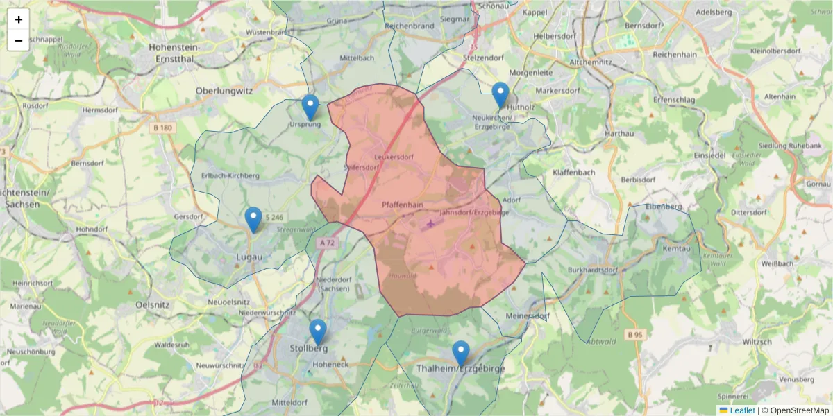 Karte des Postleitzahlen Bereichs  und der umliegenden Postleitzahlen in Deutschland