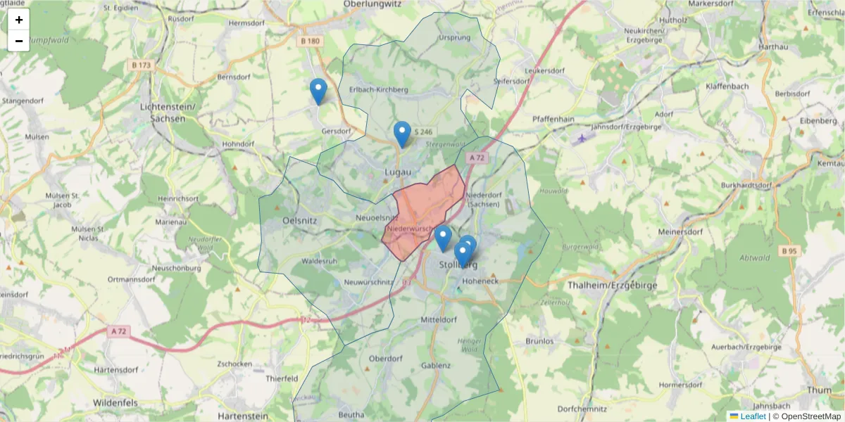 Karte des Postleitzahlen Bereichs  und der umliegenden Postleitzahlen in Deutschland