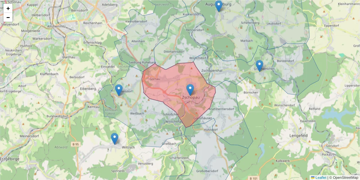 Karte des Postleitzahlen Bereichs  und der umliegenden Postleitzahlen in Deutschland