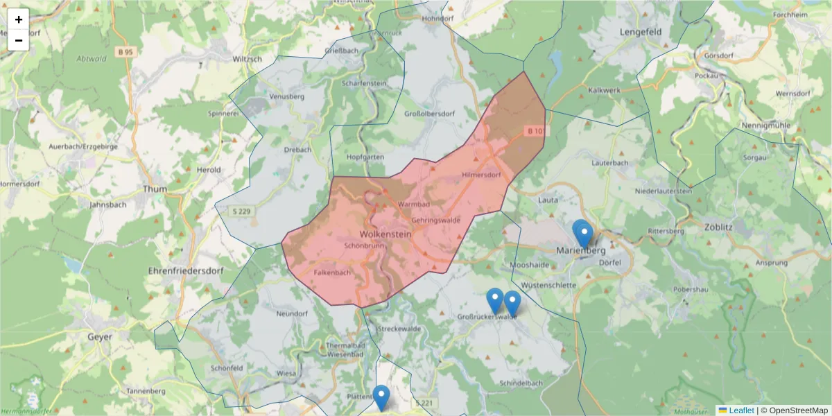 Karte des Postleitzahlen Bereichs  und der umliegenden Postleitzahlen in Deutschland