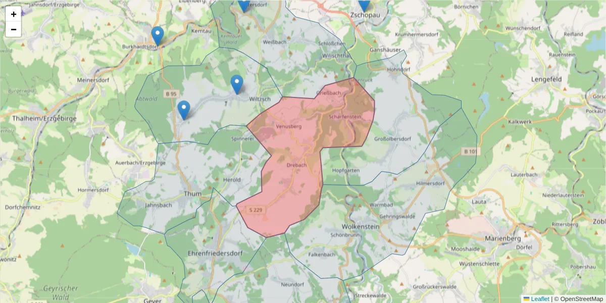 Karte des Postleitzahlen Bereichs  und der umliegenden Postleitzahlen in Deutschland