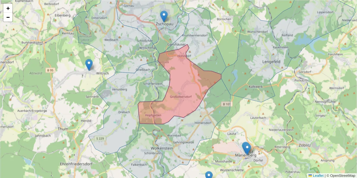 Karte des Postleitzahlen Bereichs  und der umliegenden Postleitzahlen in Deutschland