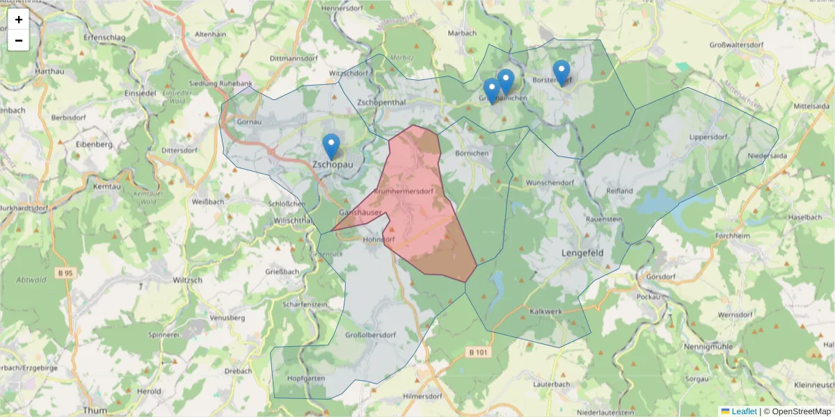 Karte des Postleitzahlen Bereichs  und der umliegenden Postleitzahlen in Deutschland