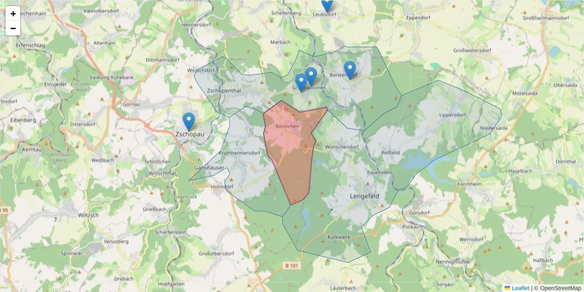 Karte des Postleitzahlen Bereichs  und der umliegenden Postleitzahlen in Deutschland