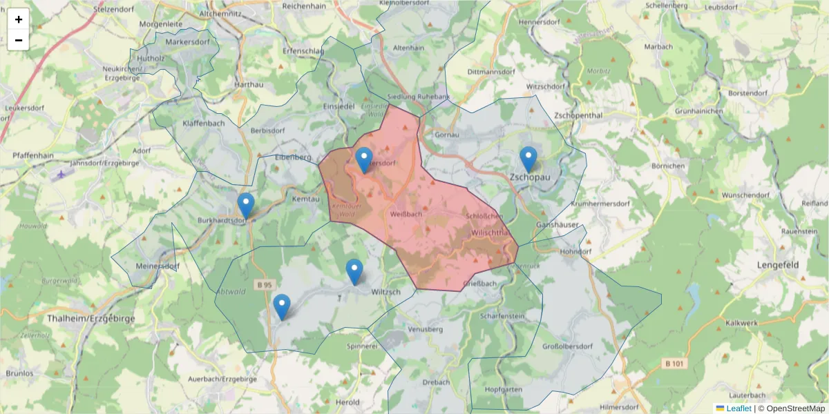 Karte des Postleitzahlen Bereichs  und der umliegenden Postleitzahlen in Deutschland