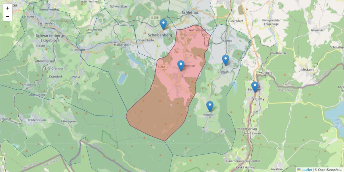 Karte des Postleitzahlen Bereichs  und der umliegenden Postleitzahlen in Deutschland