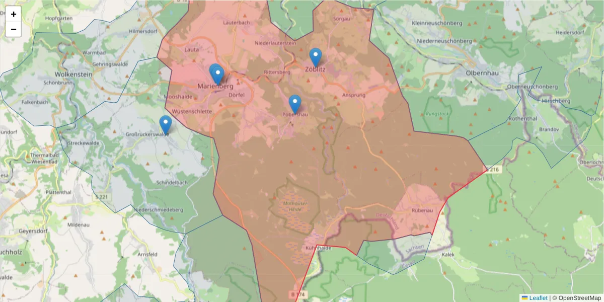 Karte des Postleitzahlen Bereichs  und der umliegenden Postleitzahlen in Deutschland