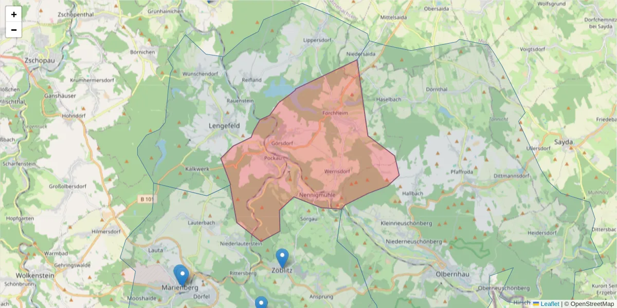 Karte des Postleitzahlen Bereichs  und der umliegenden Postleitzahlen in Deutschland