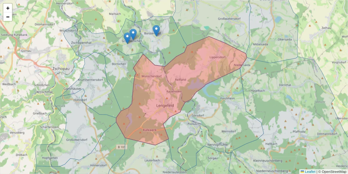 Karte des Postleitzahlen Bereichs  und der umliegenden Postleitzahlen in Deutschland