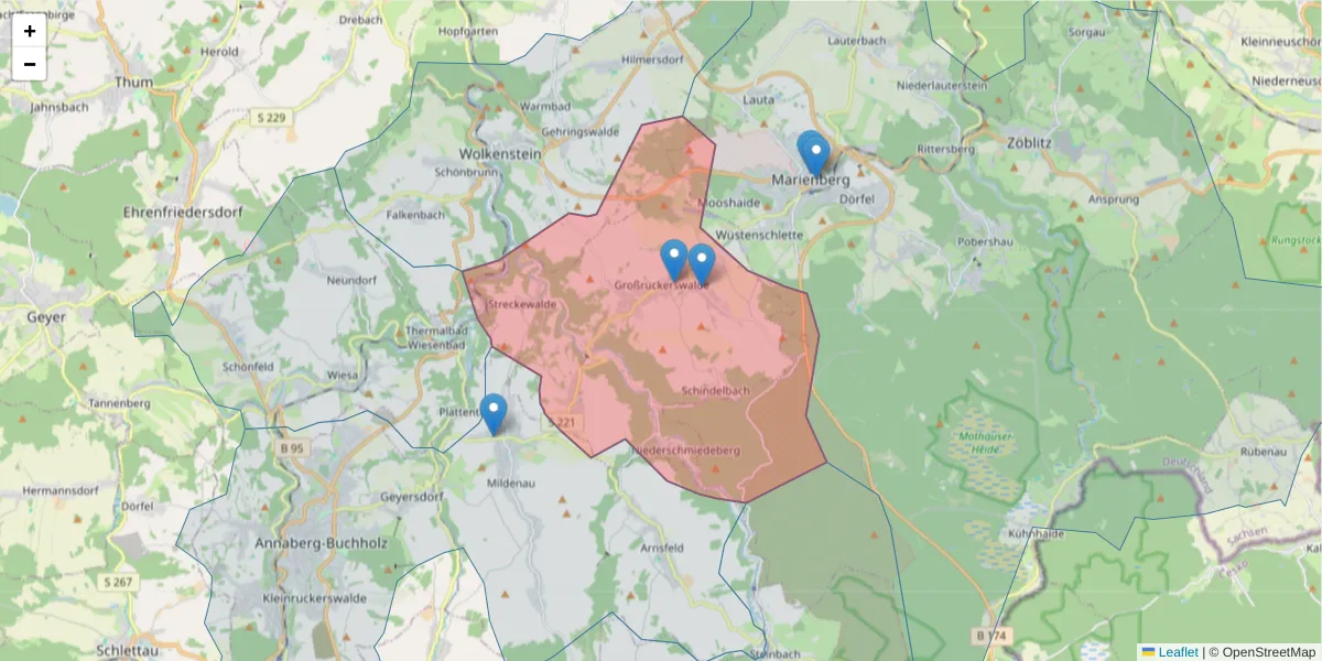 Karte des Postleitzahlen Bereichs  und der umliegenden Postleitzahlen in Deutschland