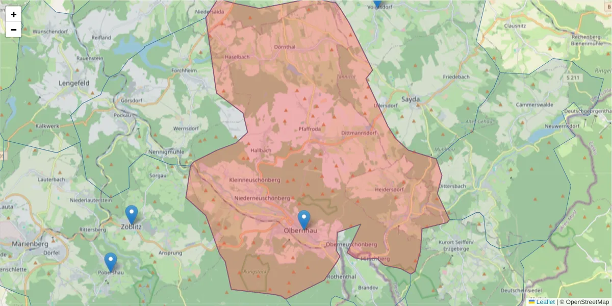 Karte des Postleitzahlen Bereichs  und der umliegenden Postleitzahlen in Deutschland