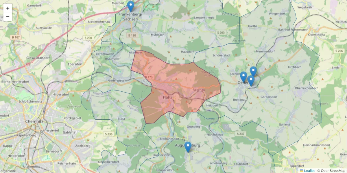 Karte des Postleitzahlen Bereichs  und der umliegenden Postleitzahlen in Deutschland