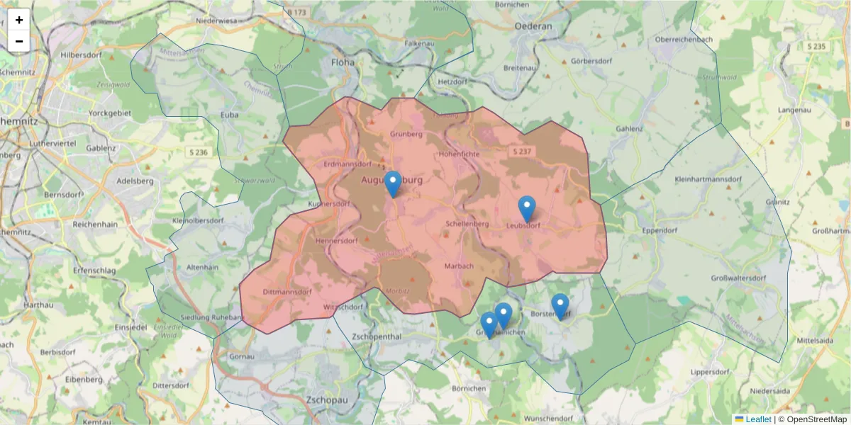 Karte des Postleitzahlen Bereichs  und der umliegenden Postleitzahlen in Deutschland