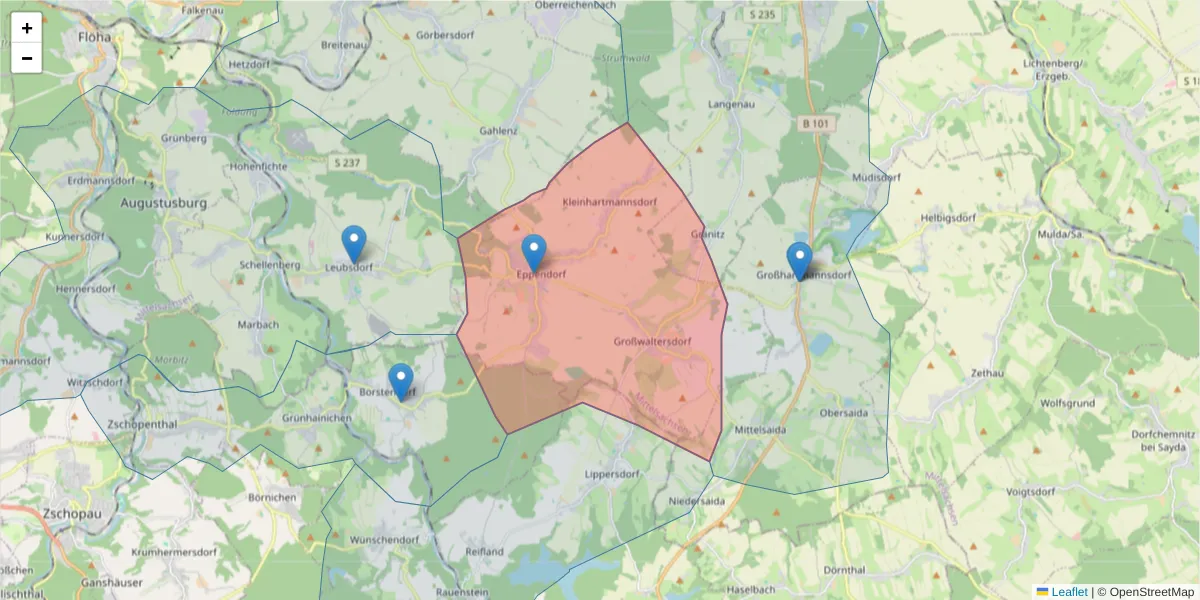 Karte des Postleitzahlen Bereichs  und der umliegenden Postleitzahlen in Deutschland