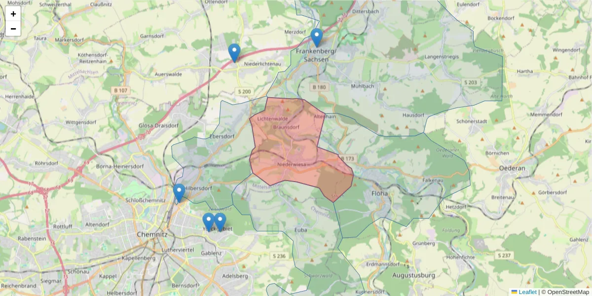 Karte des Postleitzahlen Bereichs  und der umliegenden Postleitzahlen in Deutschland