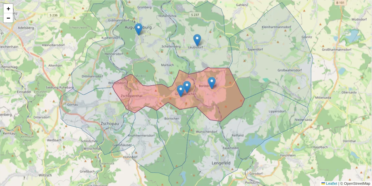 Karte des Postleitzahlen Bereichs  und der umliegenden Postleitzahlen in Deutschland