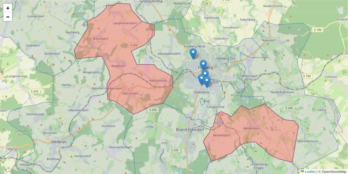 Karte des Postleitzahlen Bereichs  und der umliegenden Postleitzahlen in Deutschland